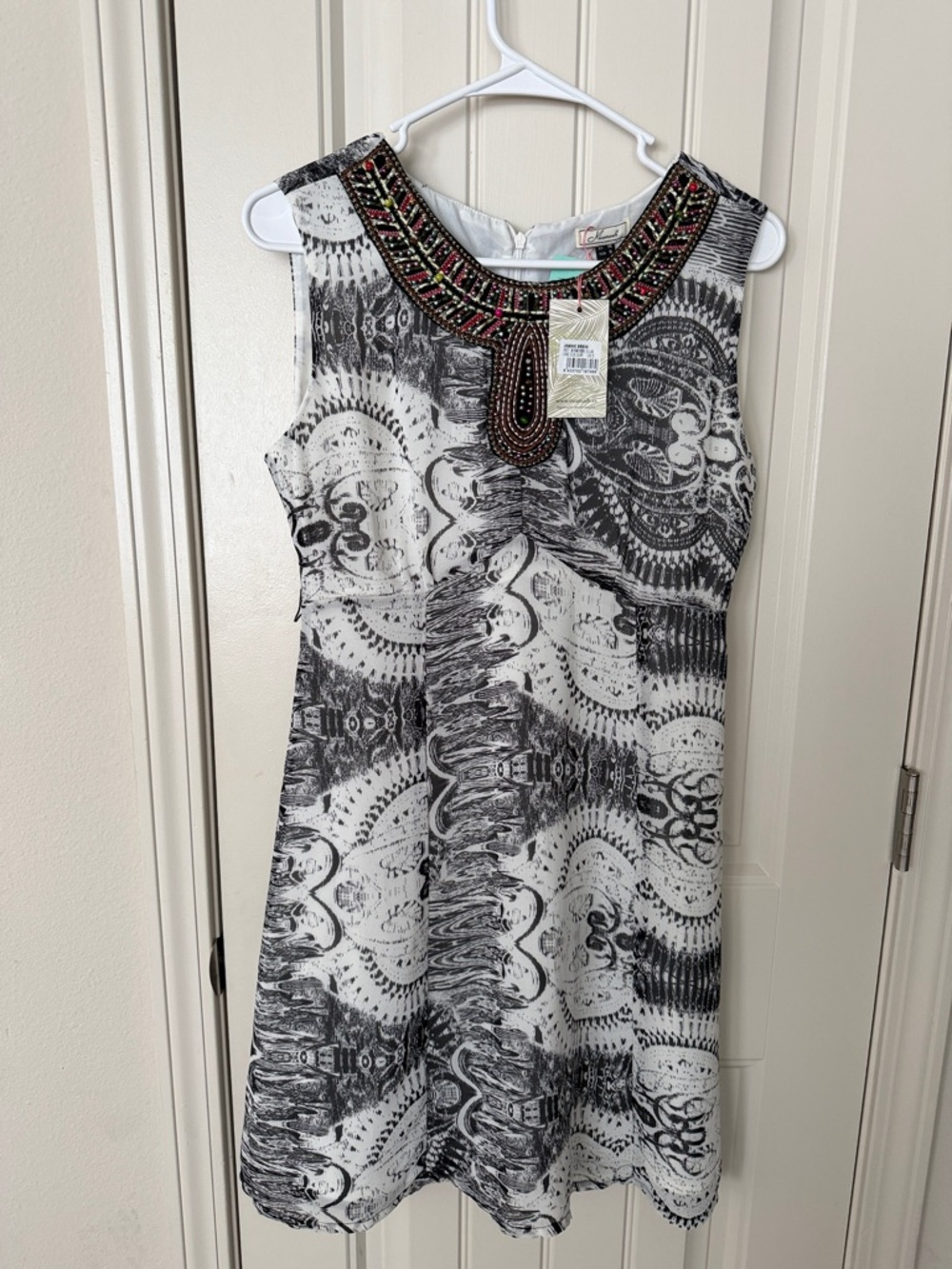 Mismash Black & White Beaded-Neckline Mini Dress